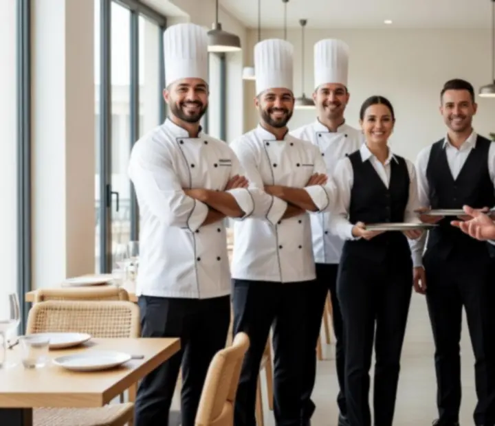 Equipo de sala y barra preparado para recibir a los invitados de un evento gastronómico