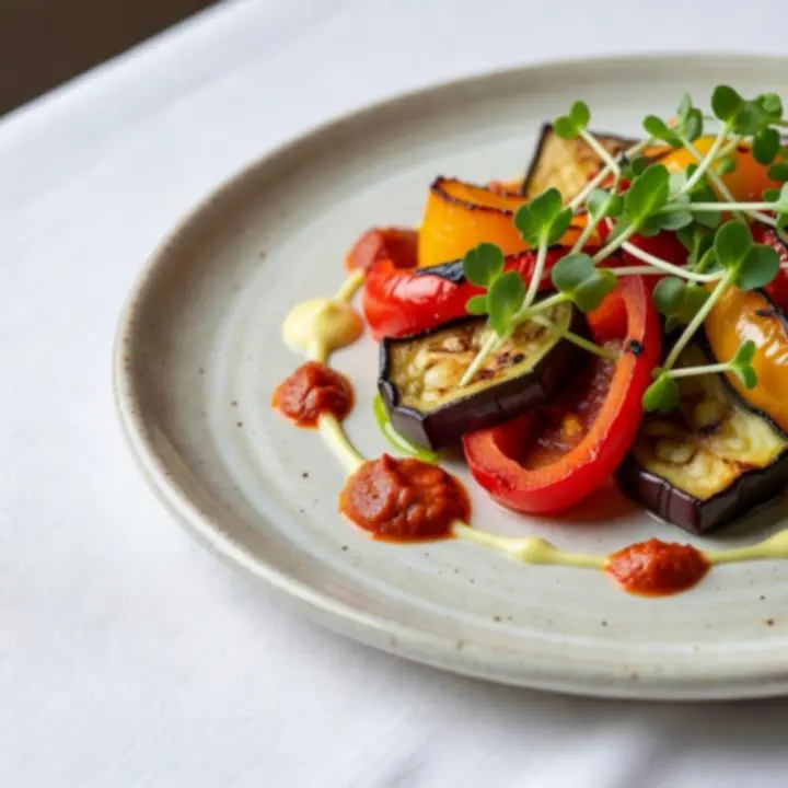 Primer plano de un plato contemporáneo elaborado con producto local y emplatado creativo