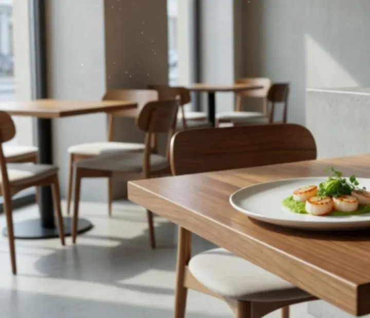 Platos modernos y bebidas servidos sobre una barra de bistró urbano.