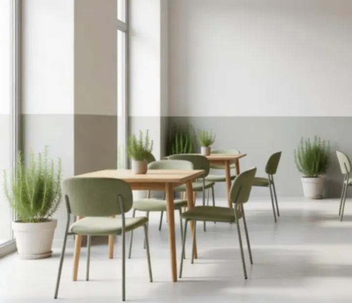 Interior luminoso de bistró urbano con mesas amplias, madera y plantas.