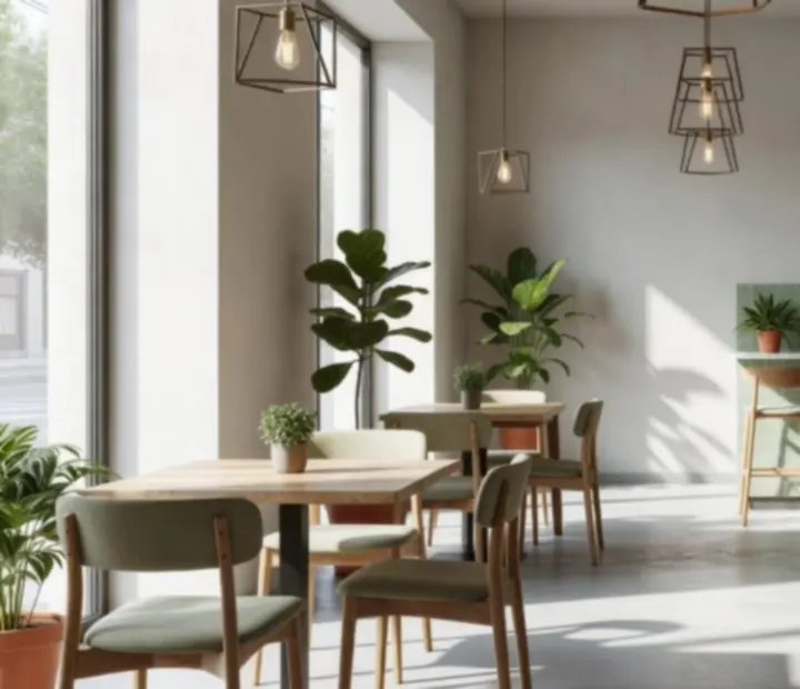Interior de bistró moderno con luz natural, mesas de madera y detalles en piedra