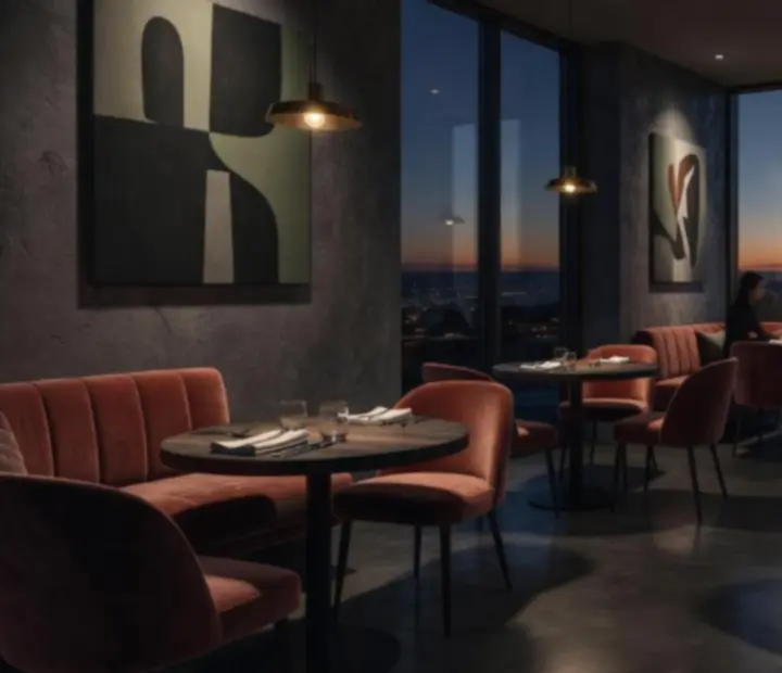 Interior nocturno del lounge con luces cálidas y detalles contemporáneos.
