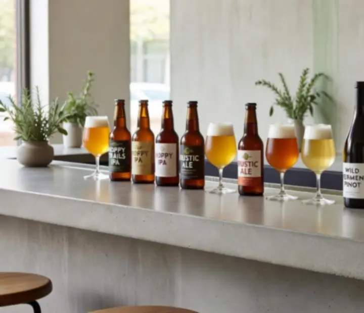 Cervezas y bebidas servidas en la barra de un bistró urbano.