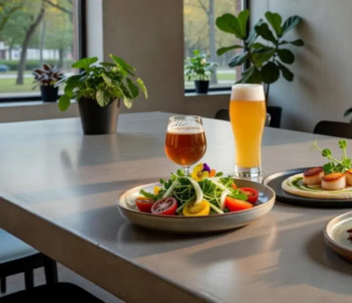 Platos modernos y bebidas sobre una barra de hormigón en un bistró mediterráneo.