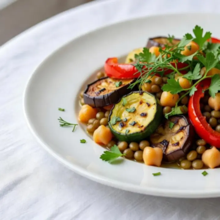 Platos vegetales coloridos presentados en una mesa de bistró mediterráneo.