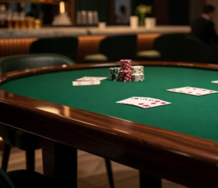 Detalle de una mesa de poker con tapete verde elegante y fichas ordenadas.