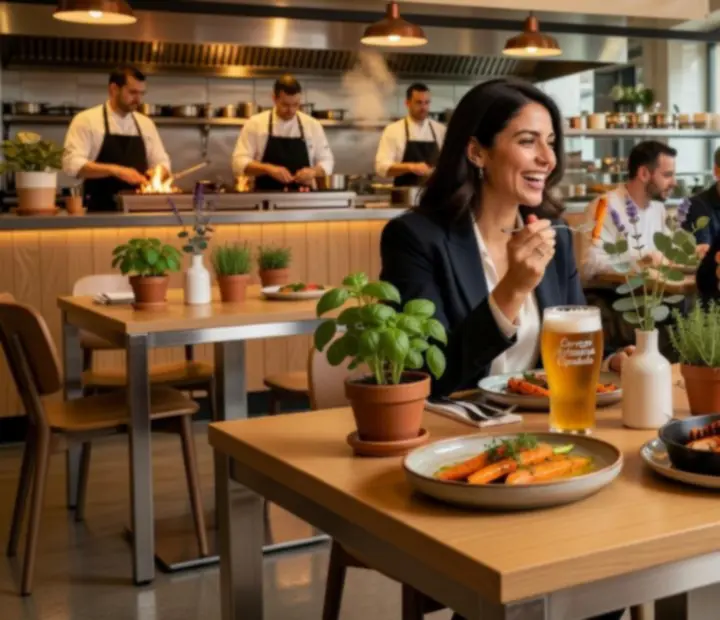 Mesa preparada con platos de temporada y copas en un gastro-bistró contemporáneo