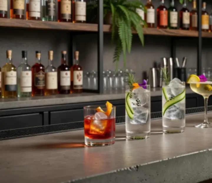 Cocteles de autor y cervezas artesanas servidos sobre una barra de piedra.