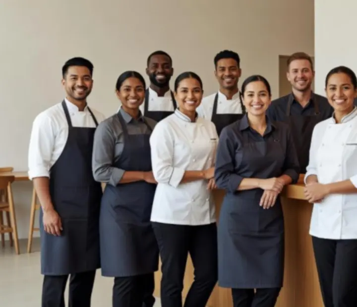 Equipo de cocina y sala de un bistró moderno sonriendo en la barra